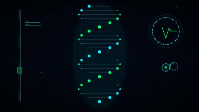 Abstract DNA helix animation, genetic code visualization, futuristic medical interface, science and biotechnology concept, digital data analysis.