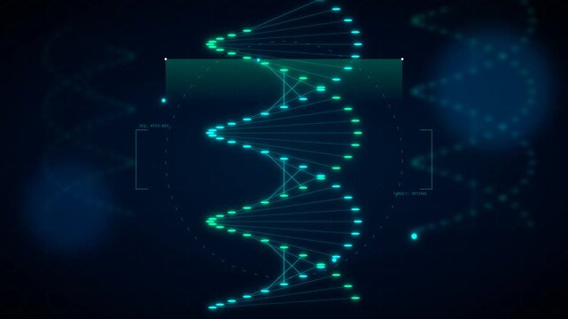 Abstract DNA double helix structure, rotating genetic code, and molecular biology concept. Futuristic science and medicine background with glowing blue and green particles.