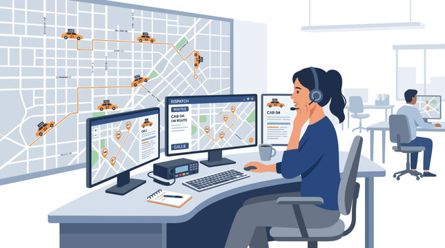 Operator managing fleet movements in modern monitoring center.