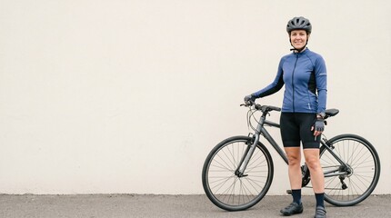 Fototapeta premium Woman smiling while standing next to bicycle on neutral background 