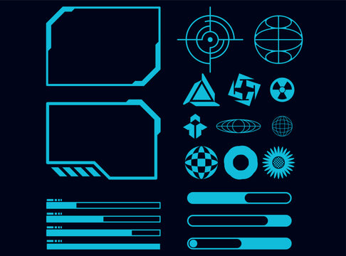 Futuristic digital interface elements collection with blue hud frames, icons, and loading bars.