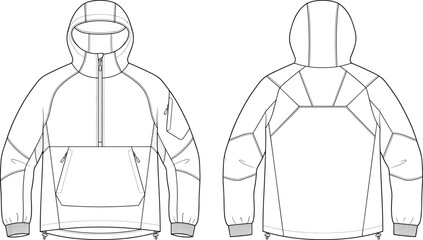 Technical Flat Sketch of Hooded Outdoor Pullover Jacket Front and Back Views for Apparel Design © TASLIMA