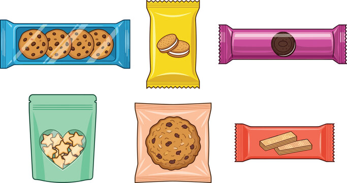 Cookie and biscuit packaging vector illustration set featuring chocolate chip cookies sandwich biscuits wafers and snack wrappers for food product design