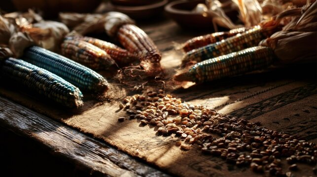Corn cobs and kernels with dramatic lighting.