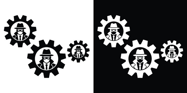 Incognito hacker or criminal avatars inside mechanical gear wheels vector icon. Symbol for cyber crime networks, dark web, and security breach.