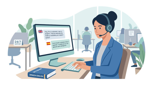 Customer support agent using real-time translation software.