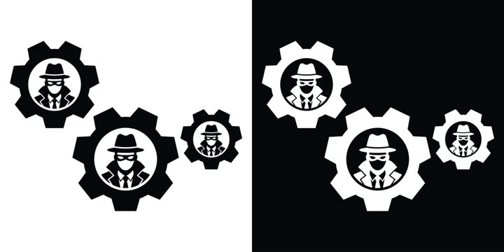 Incognito hacker or criminal avatars inside mechanical gear wheels vector icon. Symbol for cyber crime networks, dark web, and security breach.