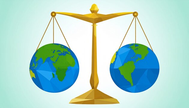 Global balance scale with Earth spheres on golden scale pans.