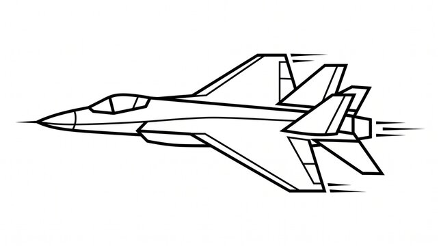 A clean black and white line art vector illustration of a military fighter jet soaring at high speed, viewed from the side profile, featuring a canopy cockpit, sharp wings, twin vertical stabilizers.