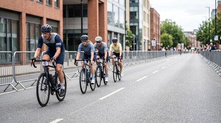 Fototapeta premium Group of cyclists racing on street with modern buildings in background 