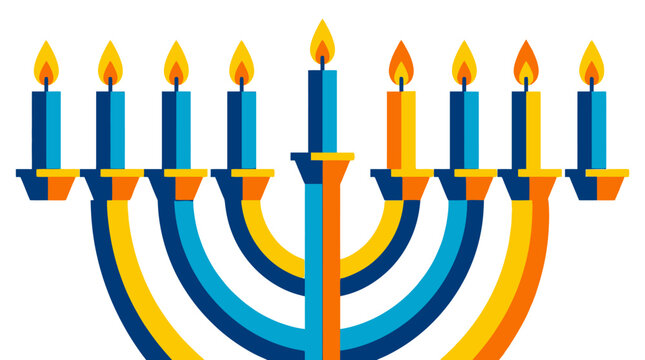 A colorful menorah illustration with nine lit candles for the Jewish holiday celebration