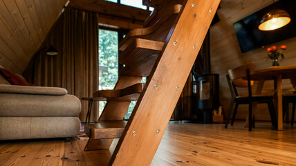 Obraz premium Cozy wooden cabin interior with a unique staircase and comfortable living space