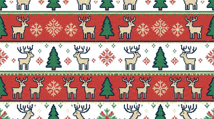 Festive knitted pattern featuring reindeer and pine trees on red and white background © livi