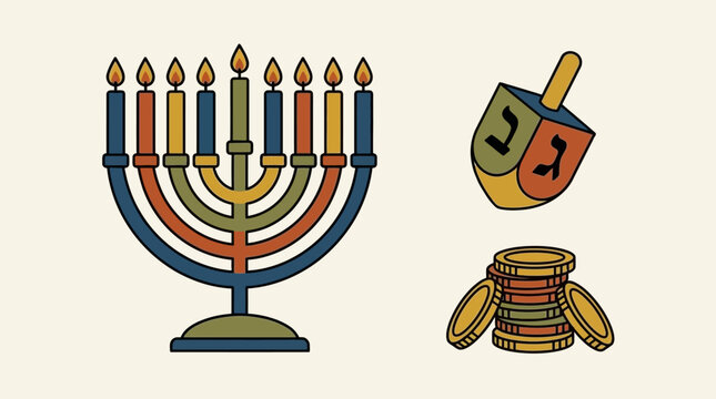 A colorful menorah with a spinning dreidel and gold coins for Hanukkah celebration