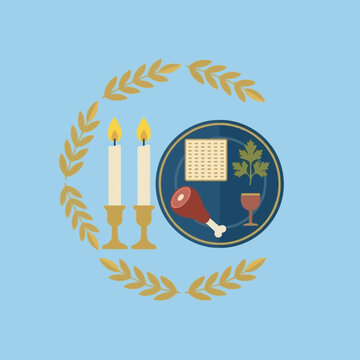 Flat vector illustration of Jewish Passover Seder plate and candles