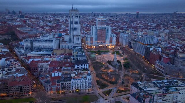 Aerial view of Madrid City Center at evening twilight. Plaza de Espana in Capital city of Madrid, Spain. Night View