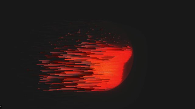 Glowing digital sun element morphs into a stream of horizontal laser lines with a pixelated retro wave style on a dark background void