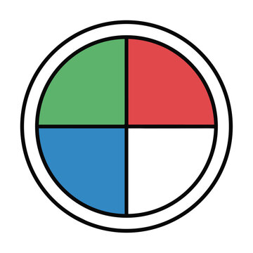 Circular frisbee with four distinct pie shaped segments in primary red green blue and white isolated on a white background sport and recreation concept