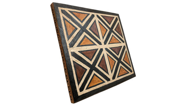 Square ancient stone tablet piece with relief geometric pattern isolated on transparent