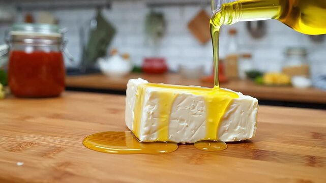 Block of cheese on wooden cutting board