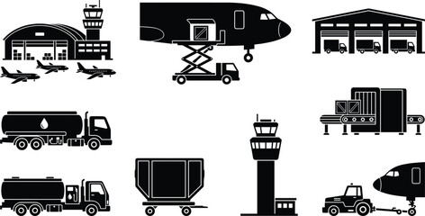 Obraz premium Airport Cargo and Aviation Logistics Icons Set with Airplane Loading, Warehouse, Fuel Trucks, and Control Tower Black Silhouettes