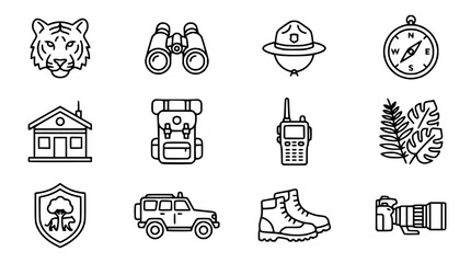 Wildlife Safari Icon Set: Tiger, Binoculars, Ranger Hat, Compass, Jeep, Camera © Malam