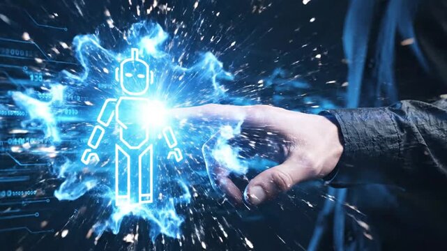 Human hand touching glowing blue digital robot icon with binary data background
