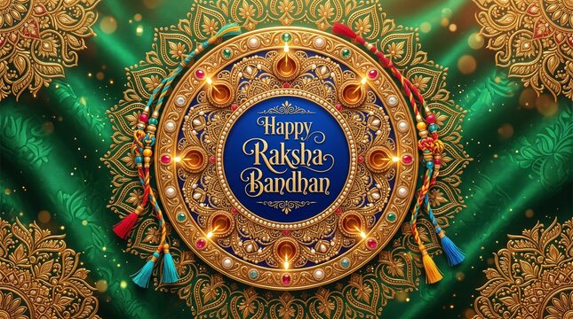 Festive raksha bandhan greeting with ornate rakhi and bokeh lights, floral patte
