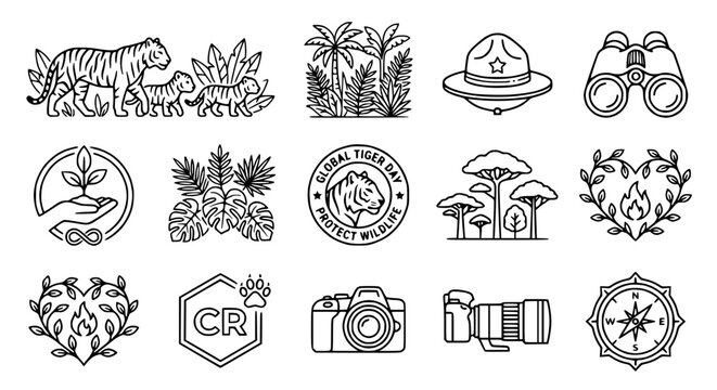 Wildlife Conservation Icons: Tigers, Plants, Camera, Binoculars, Compass, Ranger Hat