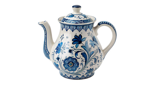 Beautiful white ceramic teapot with traditional blue floral pattern porcelain isolated on transparent background