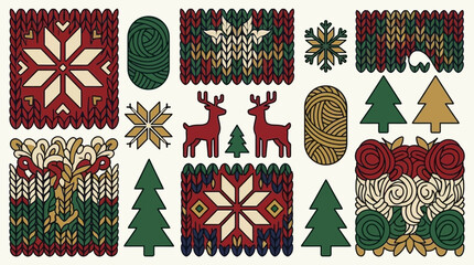 Festive knitted winter patterns featuring snowflakes, reindeer and Christmas trees © marwi