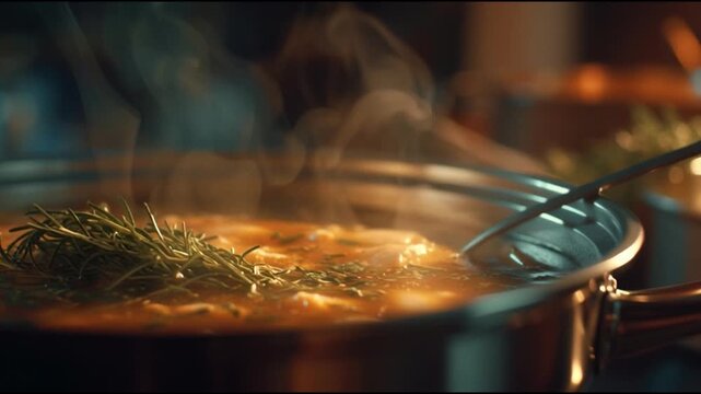 Close up of steaming soup with rosemary being stirred in a pot