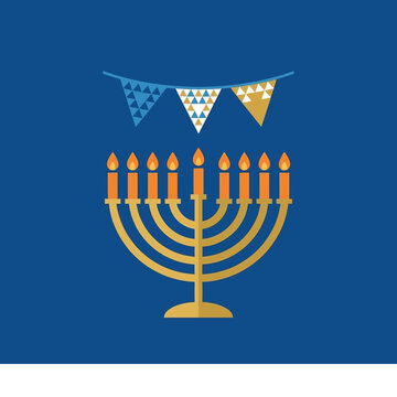 Minimalist vector illustration of a golden Hanukkah menorah with lit candles