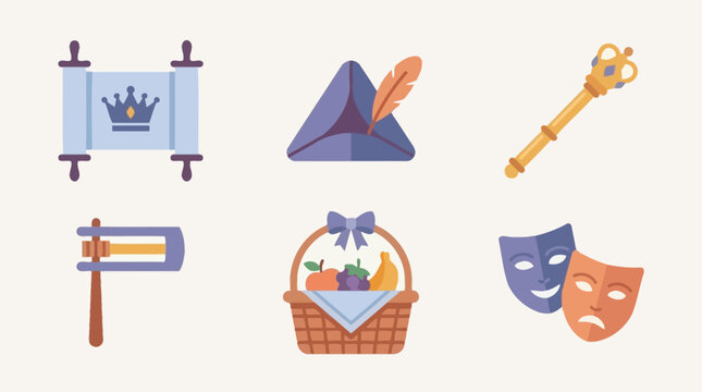 Flat design icons representing a royal decree and a festive harvest basket