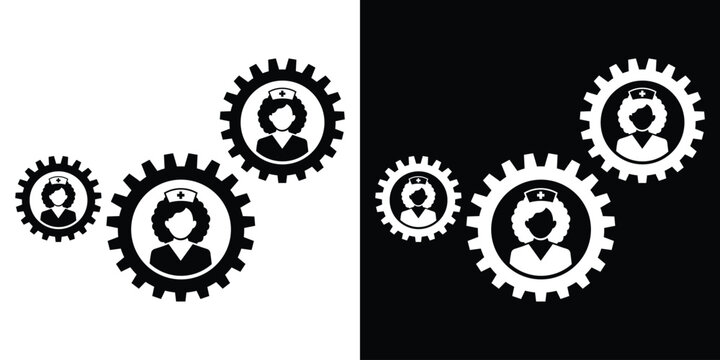 Female nurse avatars placed inside interlocking gear systems. Conceptual vector icon for medical teamwork, healthcare process, and nursing administration.