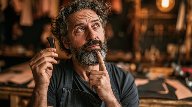 Leatherworker holding an edge beveler in a leather workshop while thinking. Concept of quiz, consultation and trivia about leatherwork.