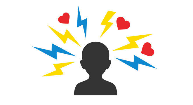 Abstract illustration of human head silhouette with lightning bolts and hearts.