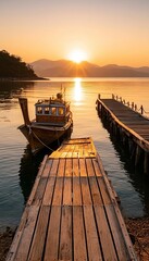 Fototapeta premium A Beautiful Wooden Local Traditional Fishing Long Tail Boat Anchored at a Pier During The Sunsetting