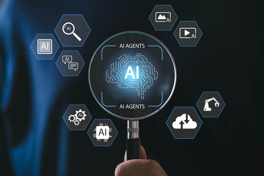 Artificial intelligence agents concept with AI automation system, machine learning technology, cloud computing, smart digital assistant, data analysis and futuristic business innovation interface.