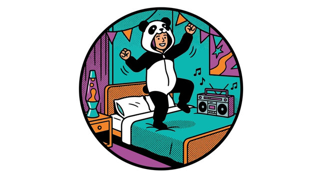 A cheerful child in a panda costume dances on a bed