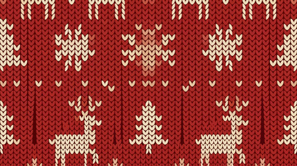 Cozy red knit fabric with traditional holiday reindeer and snowflakes © midan
