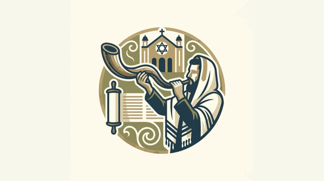 Retro illustration of a man blowing a shofar near a synagogue and Torah scroll