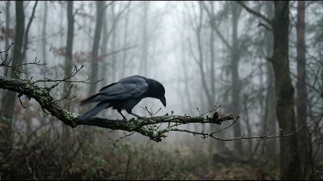 Black raven perched on a mossy branch in a foggy forest.