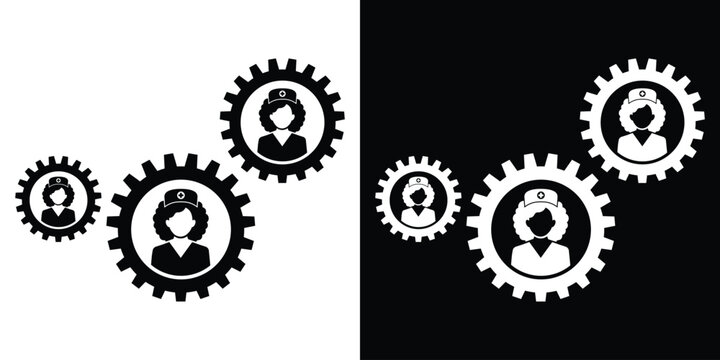 Female nurse avatars placed inside interlocking gear systems. Conceptual vector icon for medical teamwork, healthcare process, and nursing administration.