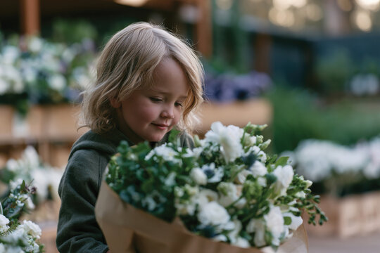 A young boy holding a large, white floral bouquet smiles softly, showcasing a beautiful moment filled with childhood wonder and appreciation for nature's gifts.