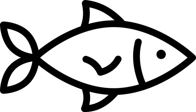 Simple line icon of a fish with fins and tail, isolated on a white background. Perfect for seafood restaurant menus, fishing brands, aquarium websites, and marine-themed design projects.