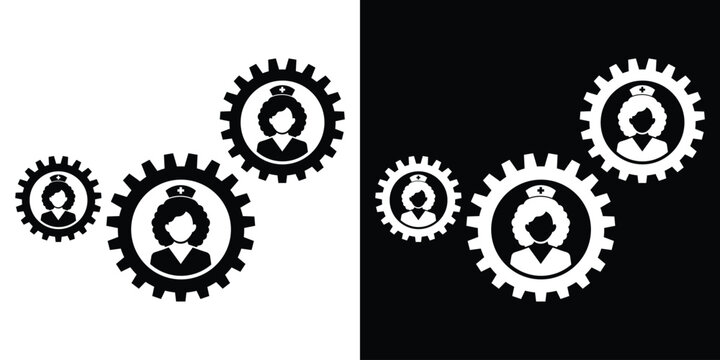 Female nurse avatars placed inside interlocking gear systems. Conceptual vector icon for medical teamwork, healthcare process, and nursing administration.