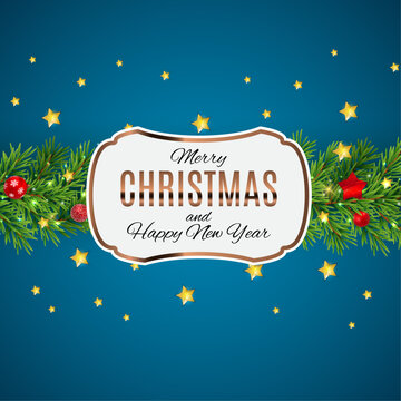 Festive christmas and happy new year greeting with fir branches and golden stars on blue background