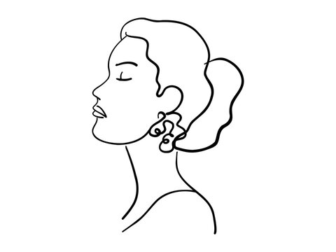 Continuous one line drawing of woman with closed eyes and earrings in black outline, side profile. concept of simplicity, elegance, minimalism, female beauty, art, fashion, hand drawn art of girl
