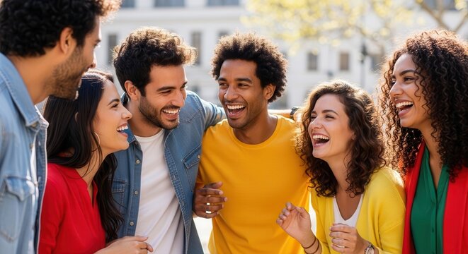Diverse group of young professionals laughing together in casual office setting. Multiethnic team celebrating success with cheerful expressions and...